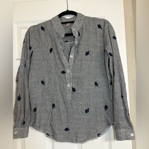 Blouse Women Striped Navy Embroidered Shirt Size M